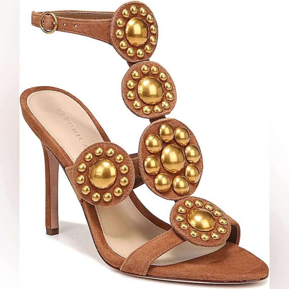 Veronica Beard Brown Suede Heeled Sandals with Gold Stud Accents